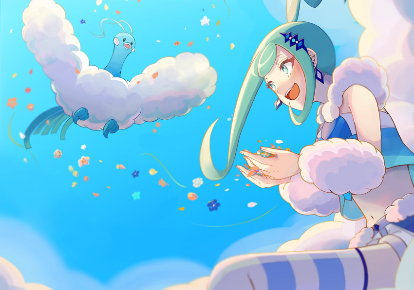 1girl altaria arm_warmers bangs blue_sky earrings eyelashes falling_petals green_eyes green_hair hair_ornament highres jewelry lisia_(pokemon) midriff navel open_mouth petals pokemon pokemon_(creature) pokemon_(game) pokemon_oras shorts sky ssn_(sasa8u9r) teeth thighhighs upper_teeth