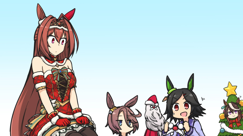 5girls :d animal_ears bangs bare_shoulders bell biwa_hayahide_(umamusume) black_hair blue_background blue_eyes bow breasts brooch brown_hair christmas_tree closed_mouth commentary_request daiwa_scarlet_(scarlet_nuit_etoile)_(umamusume) daiwa_scarlet_(umamusume) detached_sleeves dress funny_glasses fur-trimmed_dress fur-trimmed_gloves fur-trimmed_sleeves fur_trim glasses gloves gradient gradient_background green_bow grey_hair hair_between_eyes hamu_koutarou highres horse_ears illuminate_the_heart_(umamusume) jewelry jingle_bell long_hair medium_breasts motion_lines multicolored_hair multiple_girls narita_taishin_(umamusume) parted_bangs plaid plaid_dress purple_eyes red_dress red_eyes red_gloves red_sleeves short_hair smile star_(symbol) streaked_hair striped striped_bow symboli_rudolf_(umamusume) tiara tree_costume umamusume v-shaped_eyebrows very_long_hair white_background white_hair winning_ticket_(umamusume)