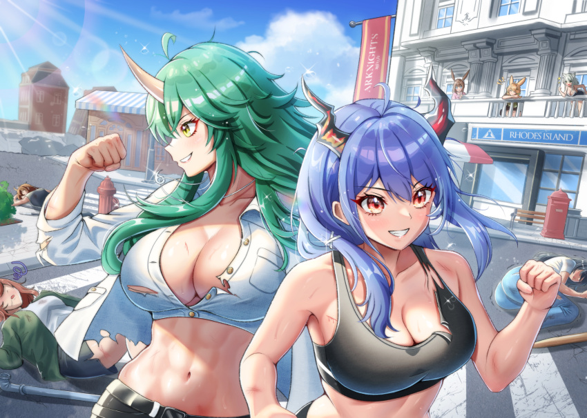 6+girls absurdres amiya_(arknights) animal_ears arknights bangs bare_arms bare_shoulders blonde_hair blue_hair blue_sky breasts brown_hair cat_ears ch'en_(arknights) cleavage clenched_hand cloud commentary_request crop_top day dragon_horns fire_hydrant green_hair grin highres horns hoshiguma_(arknights) kal'tsit_(arknights) kroos_(arknights) large_breasts long_hair long_sleeves lying midriff multiple_girls navel on_back rabbit_ears red_eyes road saylamars shirt single_horn sky smile sports_bra stomach upper_body white_shirt yellow_eyes