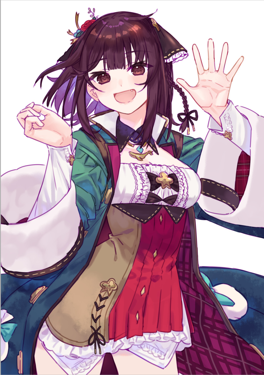 1girl :d atelier_(series) atelier_sophie atelier_sophie_2 bangs blue_coat brown_eyes brown_ribbon coat collared_coat corset cross-laced_clothes cross-laced_top detached_collar fang flower hair_flower hair_ornament highres jewelry long_sleeves looking_at_viewer necklace open_mouth plaid_coat red_flower red_hair red_rose red_skirt ribbon rose ryuuno6 short_hair simple_background skirt smile solo sophie_neuenmuller white_background wide_sleeves