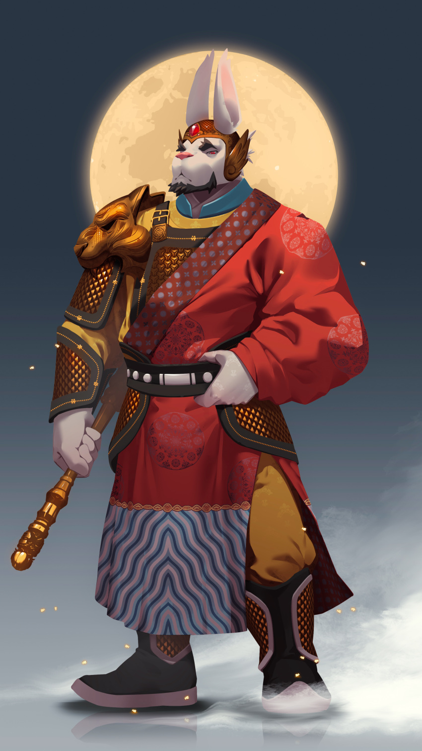 absurd_res anthro armor asian_clothing asian_mythology chinese chinese_clothing chinese_mythology clothed clothing east_asian_clothing east_asian_mythology full_moon hair hanfu hi_res lagomorph leporid male mammal moon mythology rabbit solo yanxijun