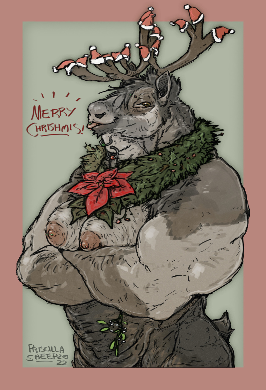 2022 absurd_res anthro antlers biped capreoline cervid chin_piercing chin_ring christmas christmas_clothing christmas_headwear christmas_wreath clothing female hat headgear headwear hi_res holidays horn mammal muscular muscular_anthro muscular_female priscillasheep reindeer ring_piercing santa_hat solo tongue tongue_out