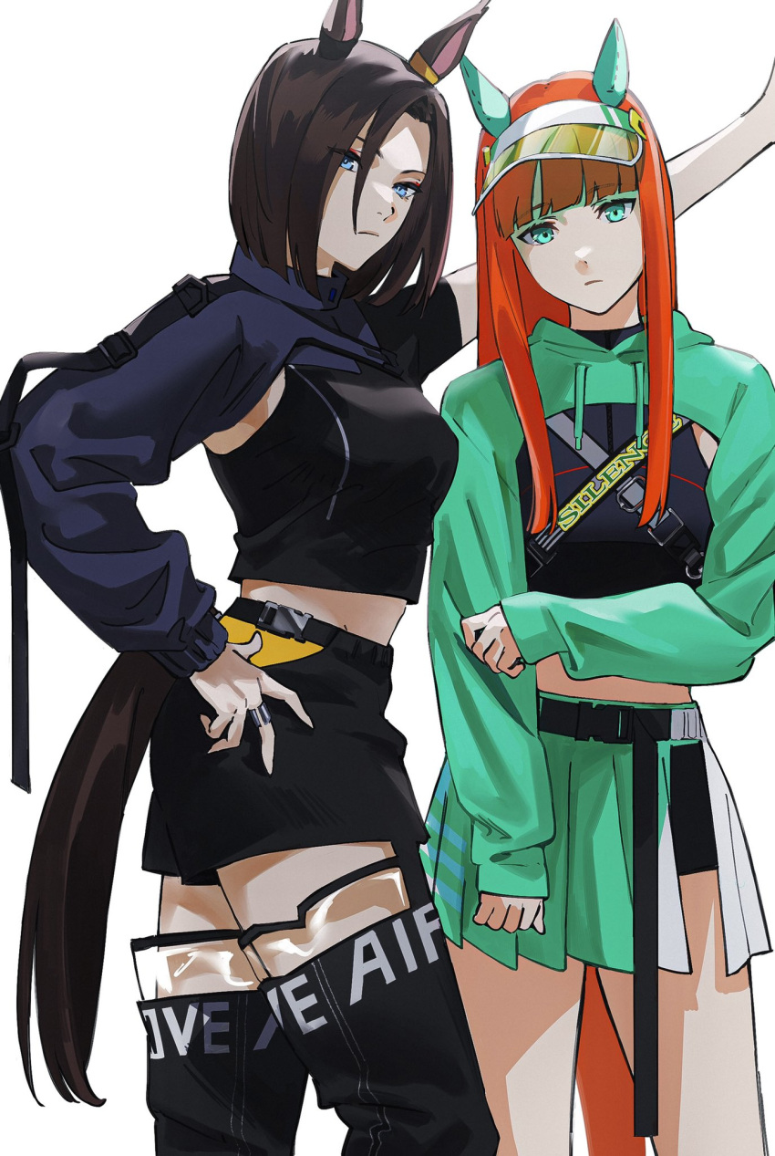 2girls air_groove_(umamusume) alternate_costume animal_ears aqua_eyes bangs belt black_belt black_shirt black_shorts blue_eyes blue_sweater blunt_bangs boots breasts brown_hair chest_strap closed_mouth commentary crop_top expressionless eyeshadow fashion feet_out_of_frame green_skirt green_sweater hand_on_hip head_tilt highres horse_ears horse_girl horse_tail jewelry long_hair long_sleeves looking_at_viewer makeup medium_breasts midriff miniskirt multiple_girls orange_hair parted_bangs pleated_skirt red_eyeshadow ring roru_(lol_dessin) see-through shirt short_hair short_shorts shorts shorts_under_skirt shrug_(clothing) side-by-side sidelocks silence_suzuka_(umamusume) simple_background skirt standing straight_hair sweater tail thigh_boots thighs umamusume visor_cap white_background yellow_headwear zettai_ryouiki