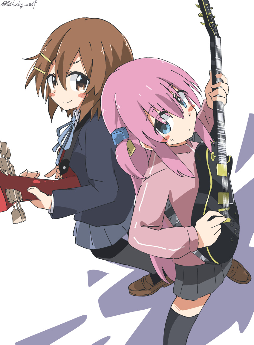 2girls absurdres back-to-back blue_eyes bocchi_the_rock! brown_eyes brown_hair crossover cynical_(llcbluckg_c004) electric_guitar gibson_les_paul gotou_hitori guitar highres hirasawa_yui instrument k-on! multiple_girls pink_hair shadow