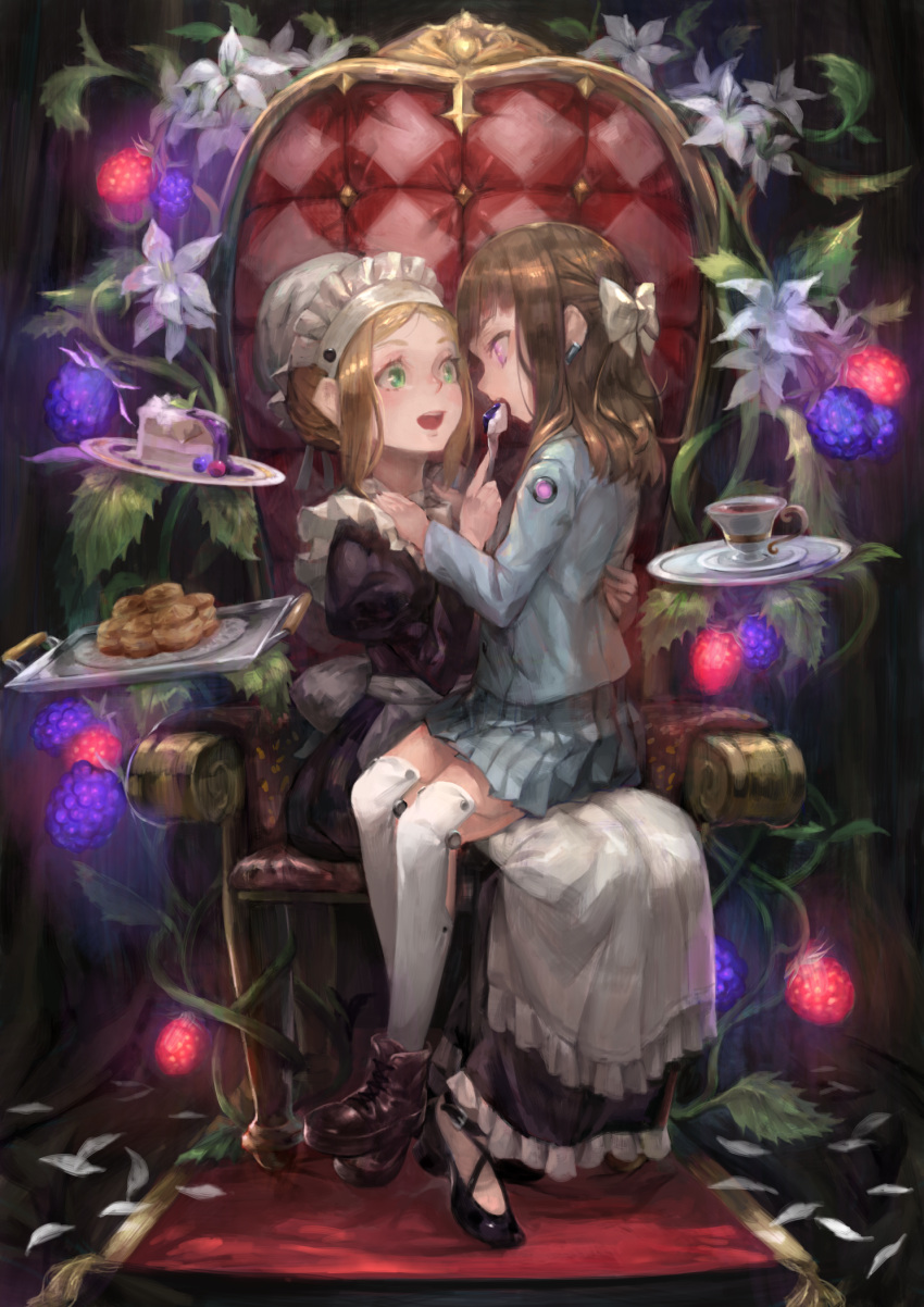 2girls android apron armchair black_dress black_footwear blonde_hair bow brown_hair cake cake_slice chair cup dress english_commentary feeding floating floating_object food fork frills full_body green_eyes hair_bow highres jacket joints looking_at_another maid maid_apron maid_headdress muffin multiple_girls open_mouth original plant pleated_skirt purple_eyes robot_joints saucer sitting sitting_on_lap sitting_on_person skirt teacup thighhighs totoya_yuu tray