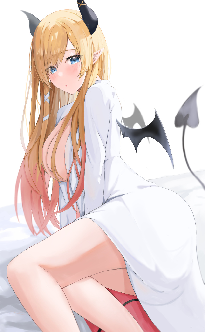 1girl absurdres arm_support ass bangs bare_legs bat_wings bed_sheet black_horns black_tail black_wings blonde_hair blue_eyes blurry blurry_background blush breasts coat commentary demon_girl demon_horns demon_tail demon_wings eyelashes feet_out_of_frame forehead gradient_hair hair_ornament highres hololive horn_ornament horns labcoat large_breasts leaning_to_the_side legs long_hair looking_at_viewer multicolored_hair onemuikun-b open_clothes open_coat open_mouth parted_bangs pink_hair pointy_ears sidelocks simple_background sitting solo streaked_hair swept_bangs tail tail_raised teacher thighs virtual_youtuber white_background white_coat wings x_hair_ornament yokozuwari yuzuki_choco