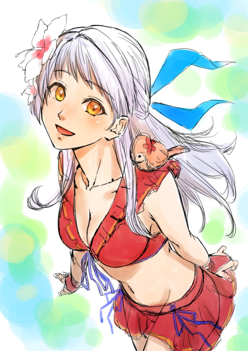 1girl :d aduti_momoyama animal animal_on_shoulder bangs bikini bikini_skirt bird bird_on_shoulder blue_ribbon breasts bridal_gauntlets cleavage fire_emblem fire_emblem:_radiant_dawn fire_emblem_heroes flower groin hair_flower hair_ornament hair_ribbon hibiscus highres long_hair looking_at_viewer medium_breasts micaiah_(fire_emblem) navel open_mouth purple_ribbon red_bikini ribbon smile swimsuit white_flower yellow_eyes yune_(fire_emblem)