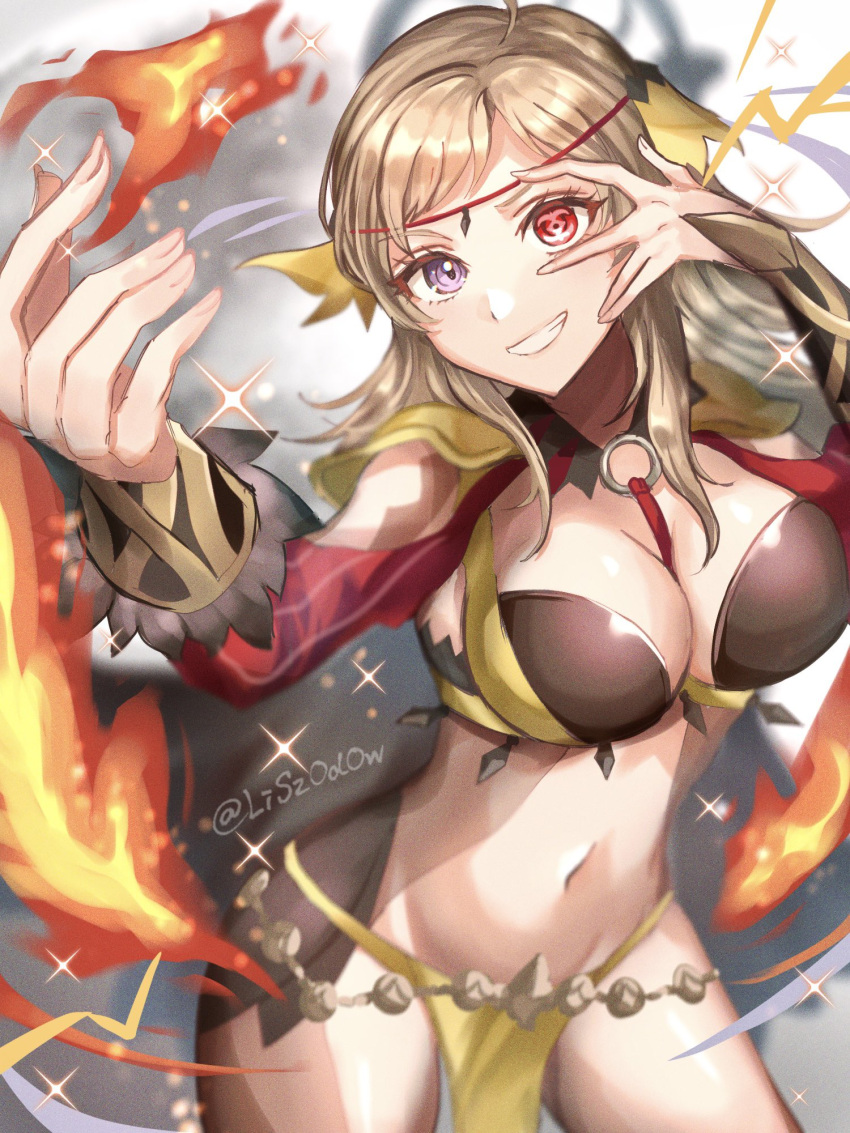 1girl blonde_hair blue_eyes breasts fire fire_emblem fire_emblem_fates fire_emblem_heroes grin hand_over_eye heterochromia highres large_breasts liszodow looking_at_viewer navel ophelia_(fire_emblem) pelvic_curtain red_eyes smile solo watermark