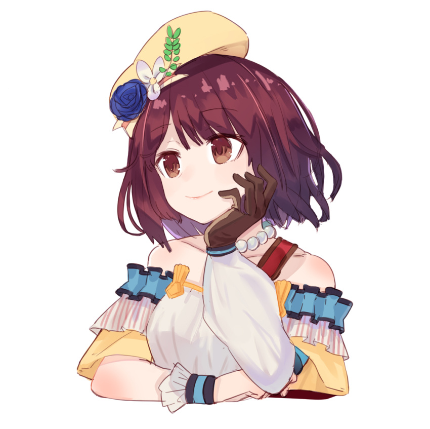 1girl atelier_(series) atelier_sophie bangs beret blue_flower blue_rose brown_eyes closed_mouth detached_sleeves flower frills gloves hat hat_flower looking_to_the_side puffy_sleeves red_hair rose ryuuno6 short_hair simple_background single_glove smile solo sophie_neuenmuller white_background yellow_headwear