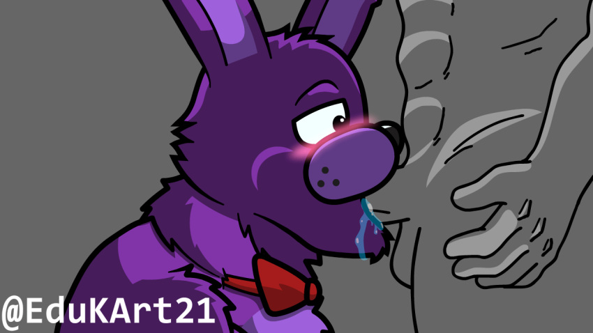 animated balls bonnie_(fnaf) bow_tie duo ears_up edukart21 eyes_closed five_nights_at_freddy's flushed fur genitals grey_body guard half-closed_eyes hand_on_hip human lagomorph leporid licking male male/male mammal muscular narrowed_eyes open_mouth oral penile penis penis_lick purple_body purple_fur rabbit scottgames sex slime sucking tongue tongue_out video_games