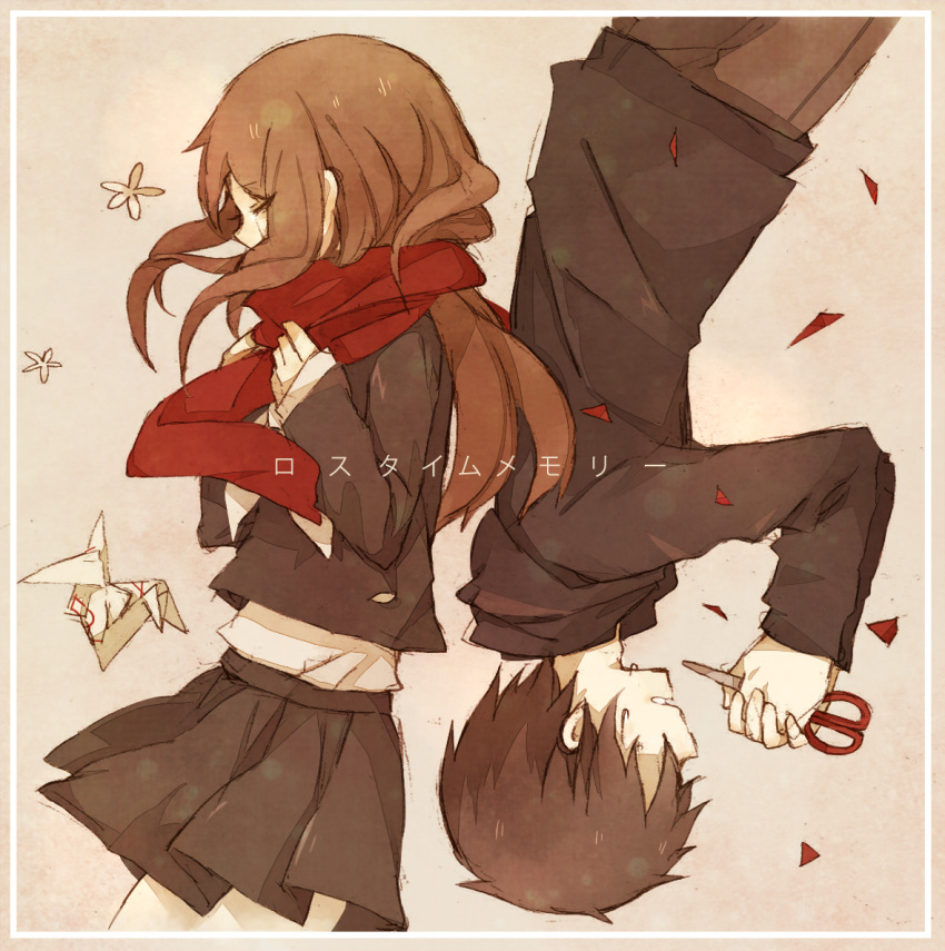 1boy 1girl bangs black_hair black_jacket black_sailor_collar black_serafuku black_skirt border brown_hair brown_pants brown_theme closed_eyes commentary enpera flower from_side holding holding_clothes holding_scarf holding_scissors jacket kagerou_project kisaragi_shintarou long_hair long_sleeves looking_away loss_time_memory_(vocaloid) mekakucity_actors open_mouth origami pants paper_crane parted_lips profile red_scarf sad sailor_collar scarf school_uniform scissors serafuku shards shiro_kunugi shirt short_hair skirt song_name tan_background tateyama_ayano tears translated undershirt upside-down wavy_mouth white_border white_shirt