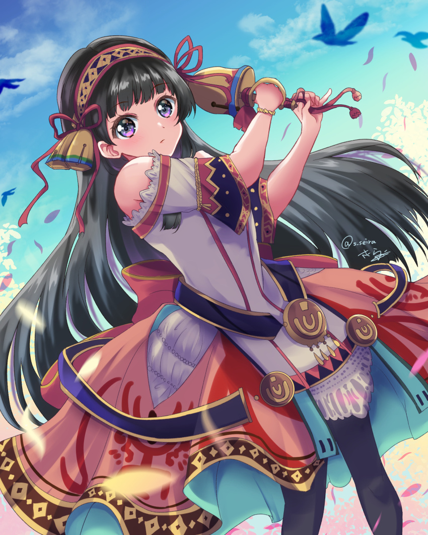 1girl atelier_(series) atelier_shallie bell bird black_hair closed_mouth dress hair_ornament hairband highres holding long_hair purple_eyes shallistera_(atelier) short_sleeves sky snowstar solo standing very_long_hair