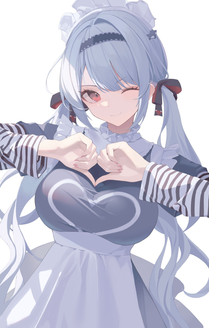 1girl apron bangs blue_hair breasts dress frills hair_intakes hairband heart heart_hands high_collar highres large_breasts long_hair long_sleeves looking_at_viewer maid_headdress mizu_(lzzrwi603) one_eye_closed original pink_nails red_eyes sidelocks simple_background striped_sleeves swept_bangs taut_clothes taut_dress twintails waist_apron wavy_hair white_background
