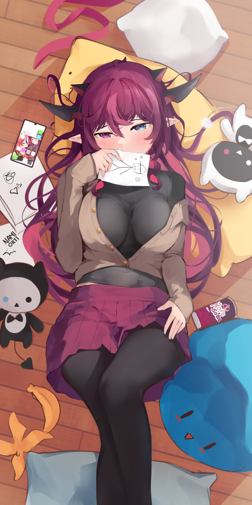 1girl absurdres bangs black_pantyhose blue_eyes breasts covering_mouth heterochromia highres hololive hololive_english horns irys_(hololive) large_breasts long_hair long_sleeves looking_at_viewer lying namiorii on_back on_ground open_clothes pantyhose pillow pleated_skirt pointy_ears purple_eyes purple_hair skin_tight skirt sleeves_past_wrists solo stuffed_toy unbuttoned