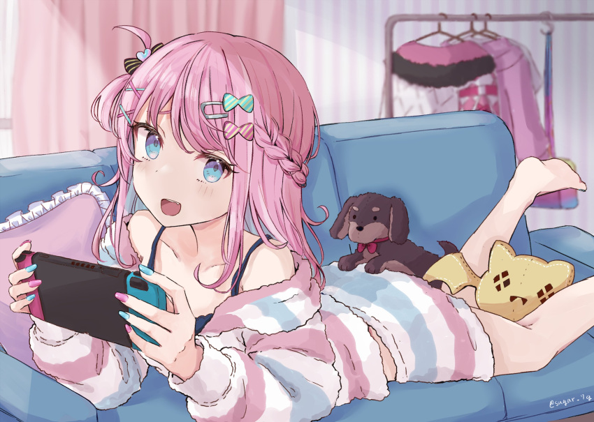 1girl couch hair_ornament highres jacket long_hair looking_at_viewer multicolored_hair nintendo_switch on_couch open_mouth pink_hair smile sugar_7g tulsi_nightmare vee_(vtuber) virtual_youtuber