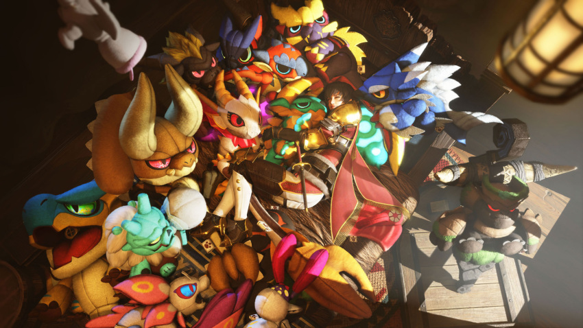 1girl 3d armor bangs belt black_hair breastplate brown_hair earrings fiorayne_(monster_hunter) gauntlets hair_between_eyes highres jewelry lunagaron magnamalo monster_hunter_(series) monster_hunter_rise official_art pauldrons rathalos short_hair shoulder_armor smile tigrex toy zinogre