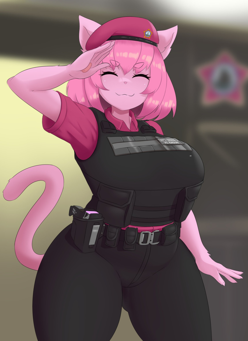 anthro big_breasts big_butt breasts butt claire_(lilith's_throne) clothing domestic_cat eyes_closed felid feline felis female fur gesture hair hat headgear headwear hi_res huge_breasts kt80 lilith's_throne mammal official_art pink_body pink_fur pink_hair salute smile solo standing thick_thighs uniform wide_hips