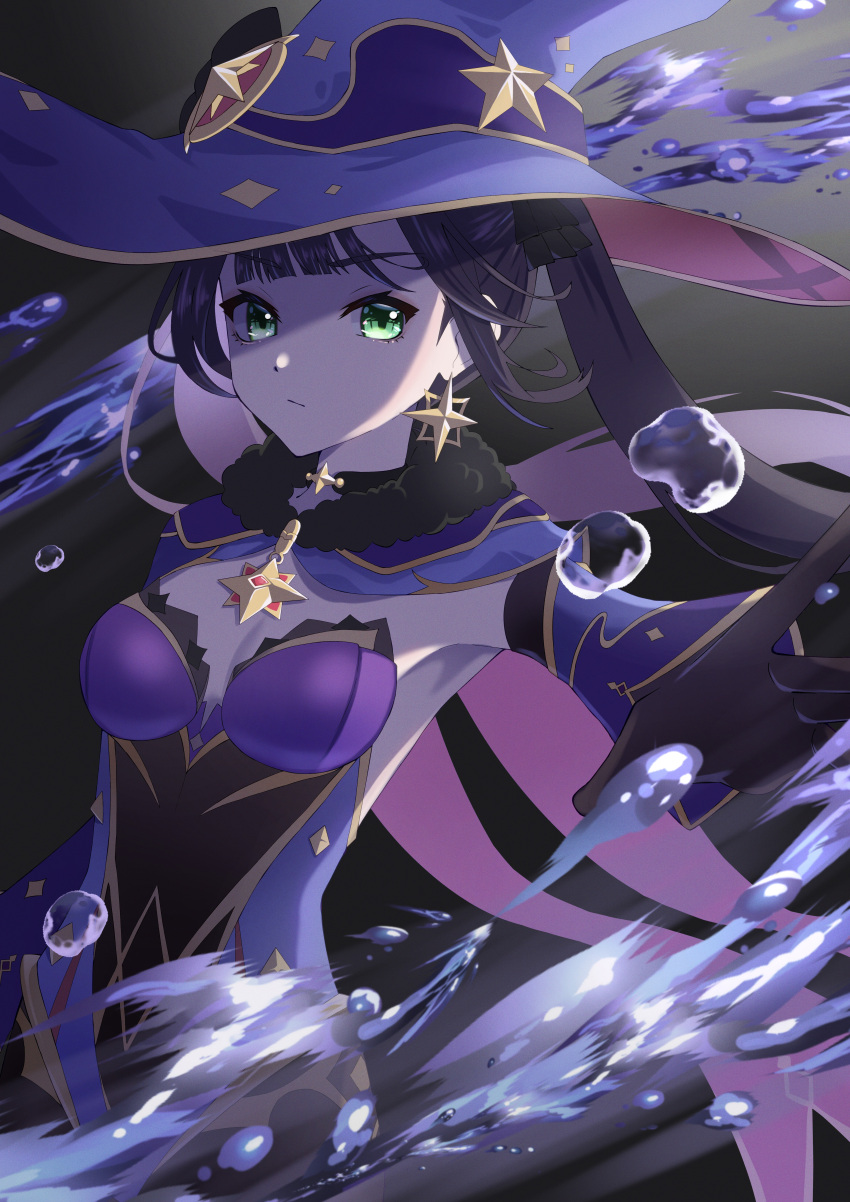 1girl absurdres akashi_(4kc_27) black_bow black_choker black_collar black_gloves bow breasts capelet choker closed_mouth collar detached_sleeves earrings fur_collar genshin_impact gloves hair_bow hat highres jewelry long_hair long_sleeves looking_at_viewer mona_(genshin_impact) purple_capelet purple_hair purple_headwear small_breasts solo star_(symbol) star_earrings twintails upper_body water water_drop witch_hat