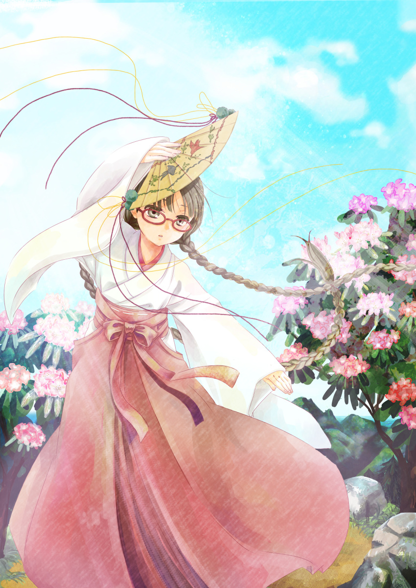 1girl absurdres bangs black_eyes black_hair blue_sky braid day flower folding_fan glasses hakama hand_fan highres holding holding_fan japanese_clothes leaf long_hair maritsuki miko outdoors parted_lips pink_flower plant rdg_red_data_girl red-framed_eyewear red_eyes red_ribbon ribbon rock sky solo standing string suzuhara_izumiko twin_braids wide_sleeves wind