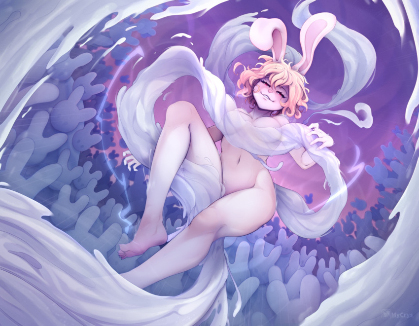 anthro blonde_hair breasts carrot_(one_piece) covering covering_breasts covering_crotch elemental_manipulation feet female fur hair ice_manipulation lagomorph leporid long_ears looking_at_viewer magic mammal minkmen_(one_piece) mycrys narrowed_eyes nude one_piece rabbit smile snow snowman solo white_body white_fur