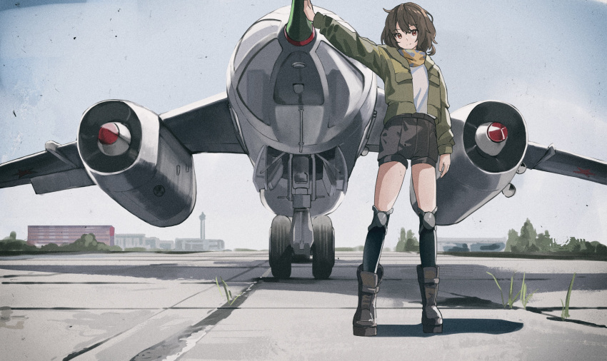 1girl absurdres aircraft airplane black_socks boots brown_footwear brown_hair brown_pants building cloud cloudy_sky earhart_(girls'_frontline_nc) film_grain girls'_frontline girls'_frontline_neural_cloud green_jacket highres jacket knee_pads kneehighs leaning_on_object light_smile looking_at_viewer nighttsound open_clothes open_jacket pants red_eyes runway scarf shirt short_hair short_shorts shorts sky socks solo tree weeds white_shirt yak-28 yellow_scarf