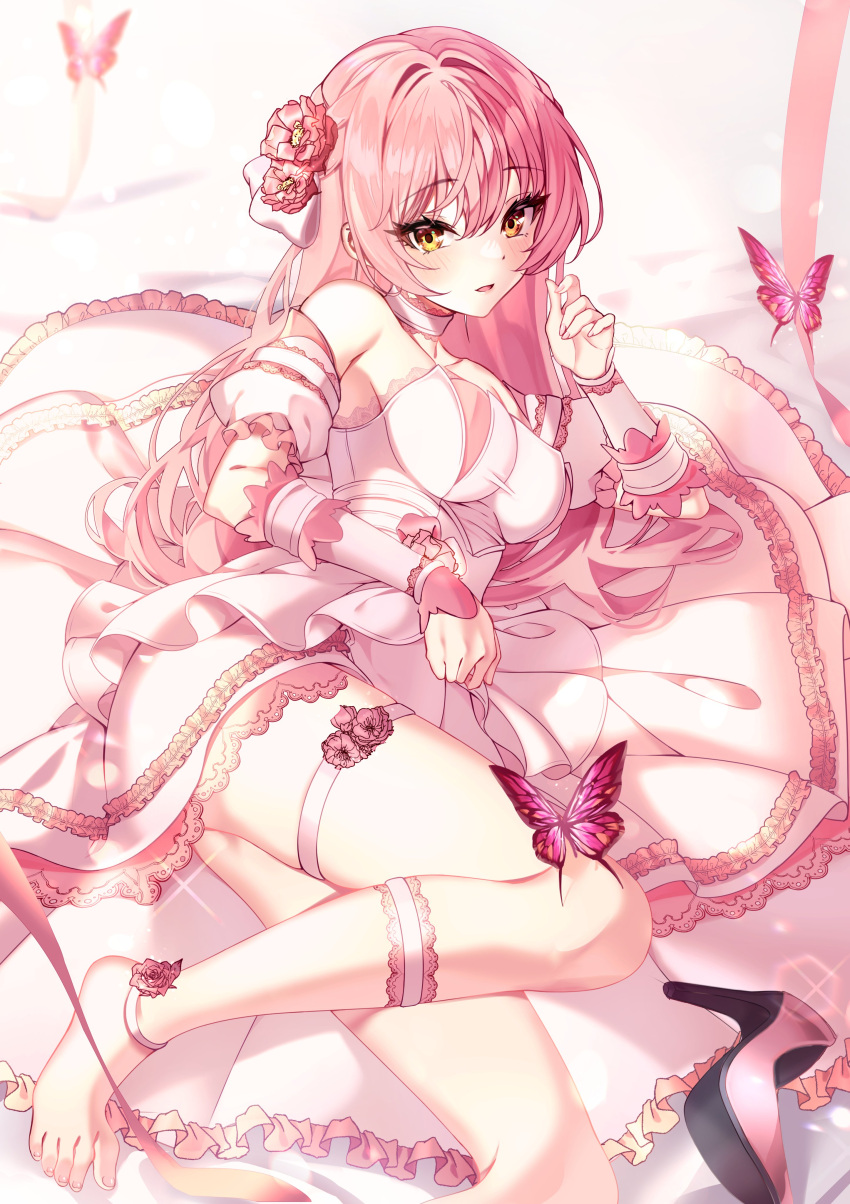 1girl absurdres arm_garter barefoot blush bug butterfly flower hair_flower hair_ornament highres idolmaster idolmaster_cinderella_girls jougasaki_mika looking_at_viewer lying on_side photoshop_(medium) pink_butterfly pink_hair shoes shoes_removed solo straight_hair sutoroa thigh_strap yellow_eyes