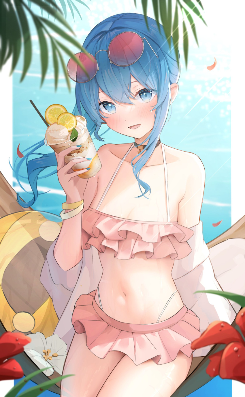 1girl absurdres bikini blue_eyes blue_hair choker eyewear_on_head food frilled_bikini frills fruit gyudon_uma hair_between_eyes hammock highres hololive hoshimachi_suisei ice_cream lemon lemon_slice looking_at_viewer midriff navel open_mouth parfait side_ponytail sitting smile solo star_(symbol) star_in_eye sunglasses swimsuit symbol_in_eye virtual_youtuber