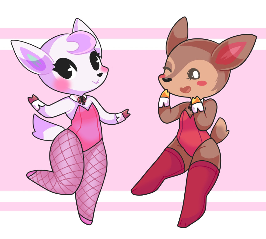 3_toes animal_crossing anthro blush bow_(feature) bow_tie breasts brown_body brown_fur cervid clothed clothing cuff_links diana_(animal_crossing) digital_media_(artwork) duo eyelashes fauna_(animal_crossing) feet female fishnet fishnet_legwear fur hair hi_res hooves legwear leotard looking_at_viewer looking_back mammal nintendo one_eye_closed onigiri_punch open_mouth open_smile pink_clothing pink_leotard red_clothing red_legwear red_leotard red_stockings simple_background smile smiling_at_viewer stockings thick_thighs toe_outline toes tongue topwear video_games white_body wink