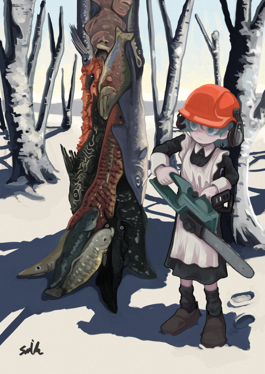 1girl absurdres apron black_dress chainsaw closed_mouth day dress fish footprints forest green_eyes grey_hair hardhat helmet highres holding holding_chainsaw lalah_7th maid_apron nature original outdoors shoes snow socks solo standing tree