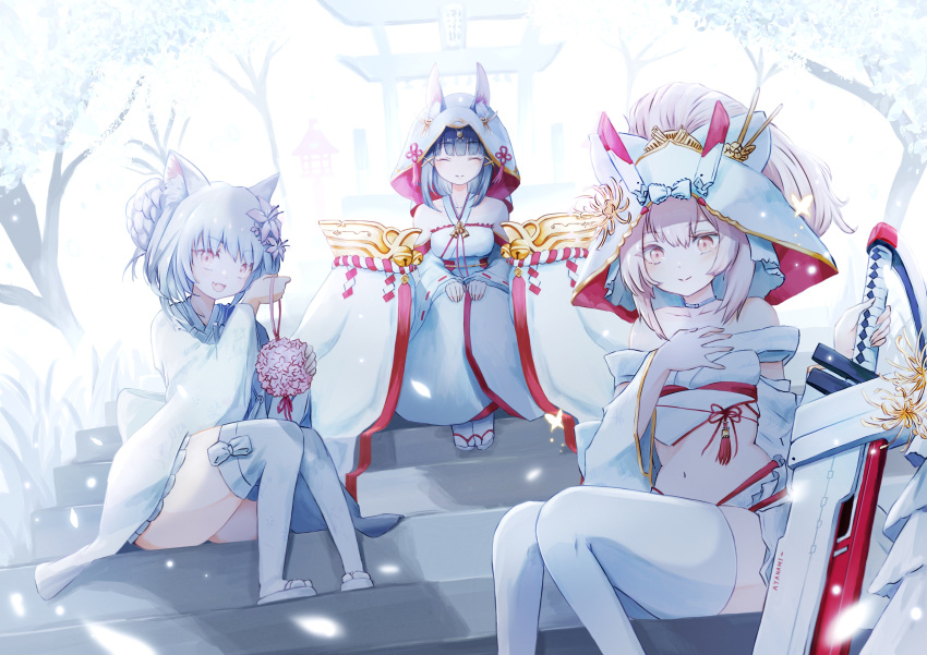 3girls absurdres animal_ear_fluff animal_ears ayanami_(azur_lane) ayanami_(demon's_finest_dress)_(azur_lane) azur_lane bangs bare_shoulders black_hair breasts closed_eyes dress ears_through_headwear flower full_body gold_trim headgear highres holding holding_sword holding_weapon japanese_clothes kimono light_brown_hair long_sleeves looking_at_viewer midriff multiple_girls nagato_(azur_lane) nagato_(great_fox's_white_gown)_(azur_lane) official_alternate_costume shiromuku sitting small_breasts snow stairs swept_bangs sword takumi_(user_xmwf4727) thighhighs uchikake weapon white_dress white_flower white_kimono white_lily white_thighhighs wide_sleeves yellow_eyes yukikaze_(azur_lane) yukikaze_(the_warmth_of_spring)_(azur_lane)