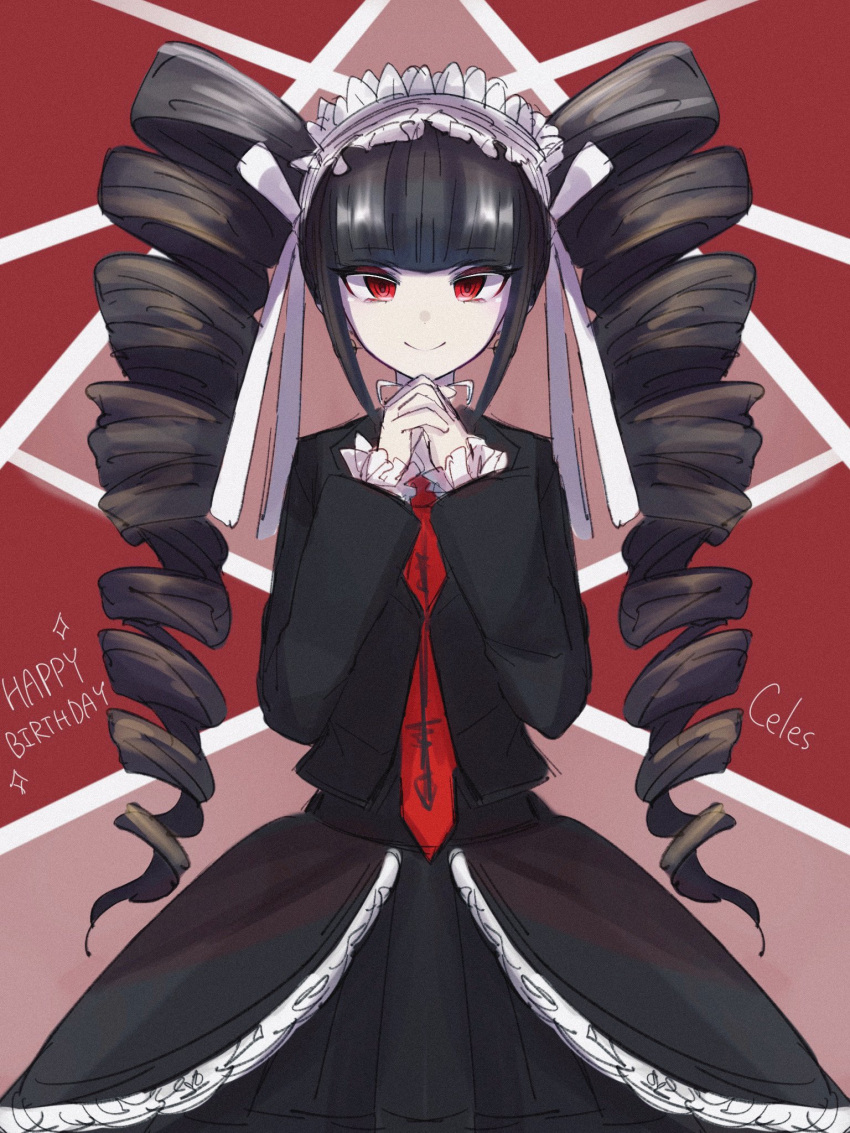 1girl bangs black_hair black_jacket black_skirt blunt_bangs bonnet celestia_ludenberg character_name danganronpa:_trigger_happy_havoc danganronpa_(series) drill_hair frills gothic_lolita hands_up happy_birthday highres jacket jewelry lolita_fashion long_hair long_sleeves looking_at_viewer necktie own_hands_clasped own_hands_together red_eyes red_necktie shiny shiny_hair skirt smile solo twin_drills twintails zui_nianshao