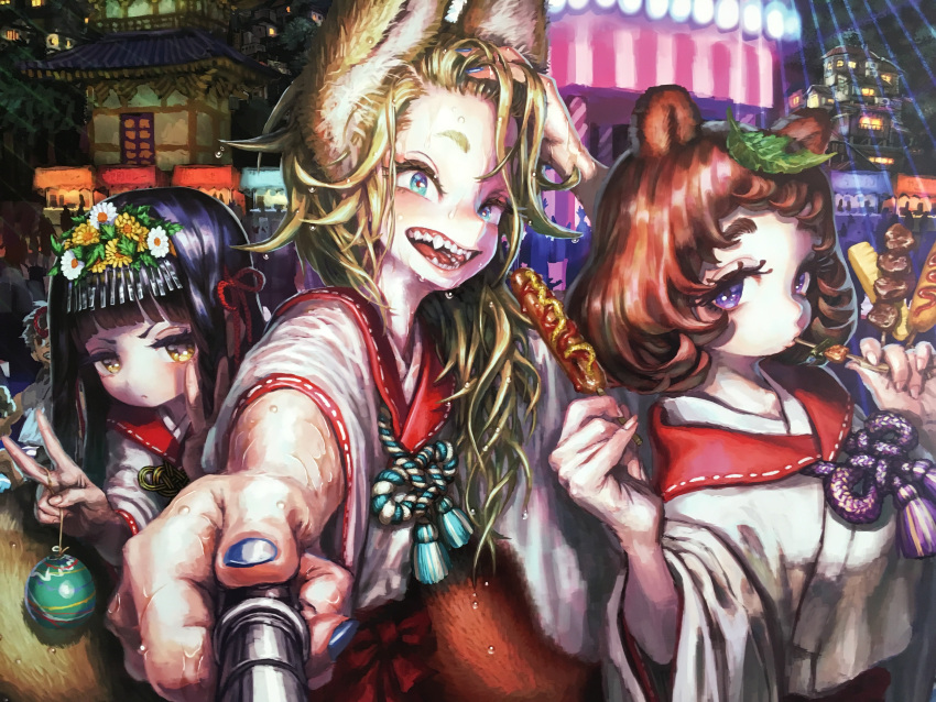 3girls absurdres animal_ears architecture black_hair blonde_hair blue_eyes corn_dog double_v east_asian_architecture eating fangs festival food food_stand fox_ears fox_girl grin headpiece highres holding holding_food japanese_clothes jon_taira kimono leaf leaf_on_head long_hair looking_at_viewer multiple_girls original outdoors purple_eyes raccoon_girl raccoon_tail rope selfie selfie_stick shimenawa short_eyebrows smile summer_festival tail teeth thick_eyebrows upper_body v water_balloon water_yoyo wet wet_clothes wet_hair yellow_eyes yukata