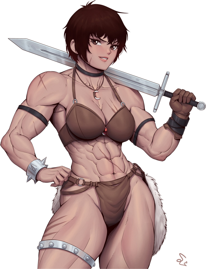 1girl abs absurdres bare_arms bikini breasts brown_eyes brown_hair collarbone hand_on_hip highres holding holding_sword holding_weapon jewelry legs muscular muscular_female necklace short_hair smile speedl00ver swimsuit sword warrior weapon