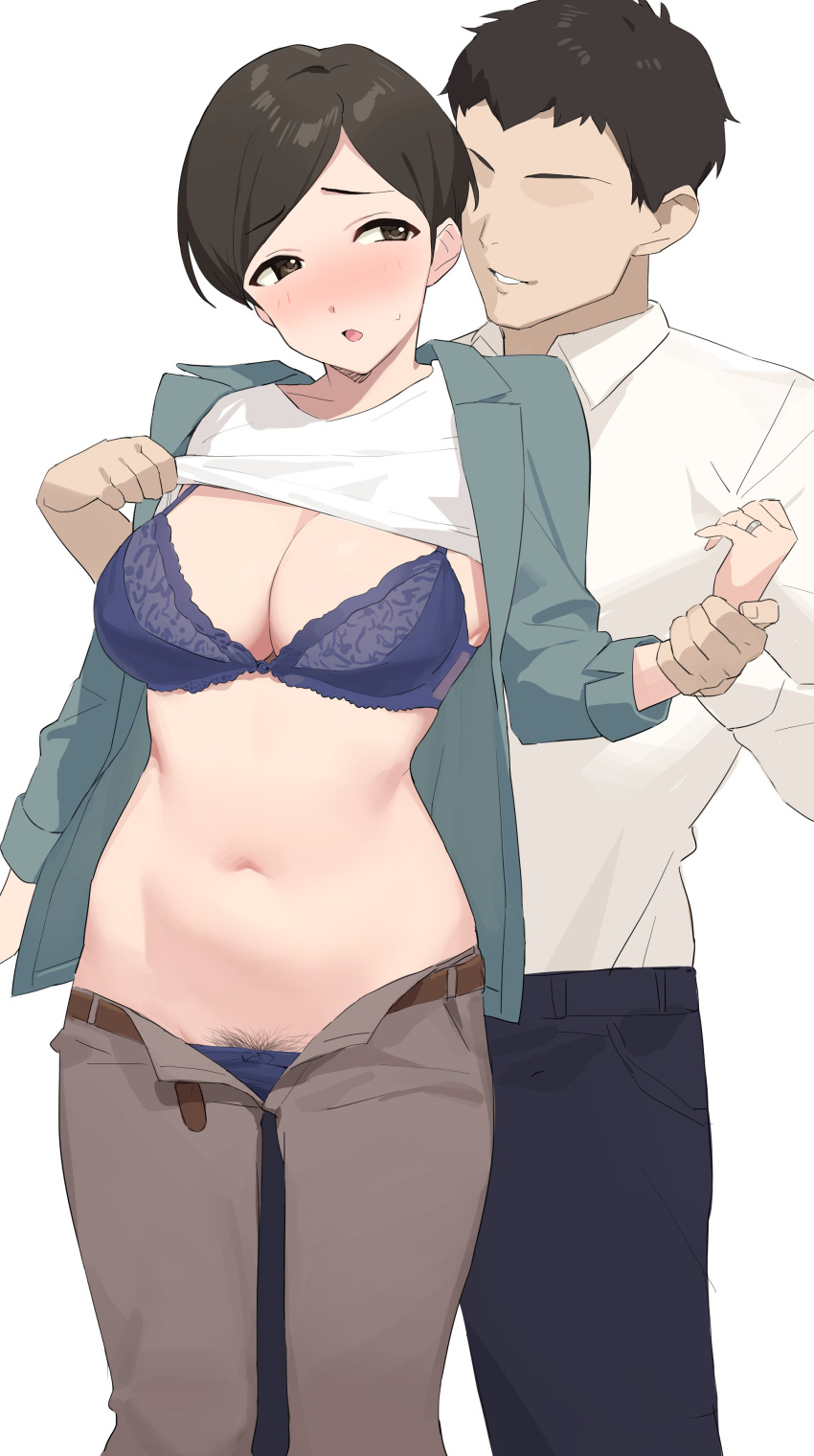 1boy 1girl :o absurdres bangs black_hair blue_bra blue_panties blush bra breasts brown_pants cleavage clothes_lift faceless faceless_male female_pubic_hair green_jacket highres idolmaster idolmaster_cinderella_girls jacket kt_(kusare171) large_breasts lifted_by_another looking_at_another navel panties pants pubic_hair pubic_hair_peek sasaki_chie's_mother shirt shirt_lift short_hair simple_background stomach swept_bangs underwear white_background white_shirt