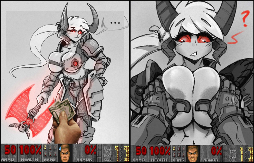 areola breast_grab breasts cleavage clothed clothing female hand_on_breast hi_res holding_melee_weapon horn horned_humanoid humanoid karakylia not_furry