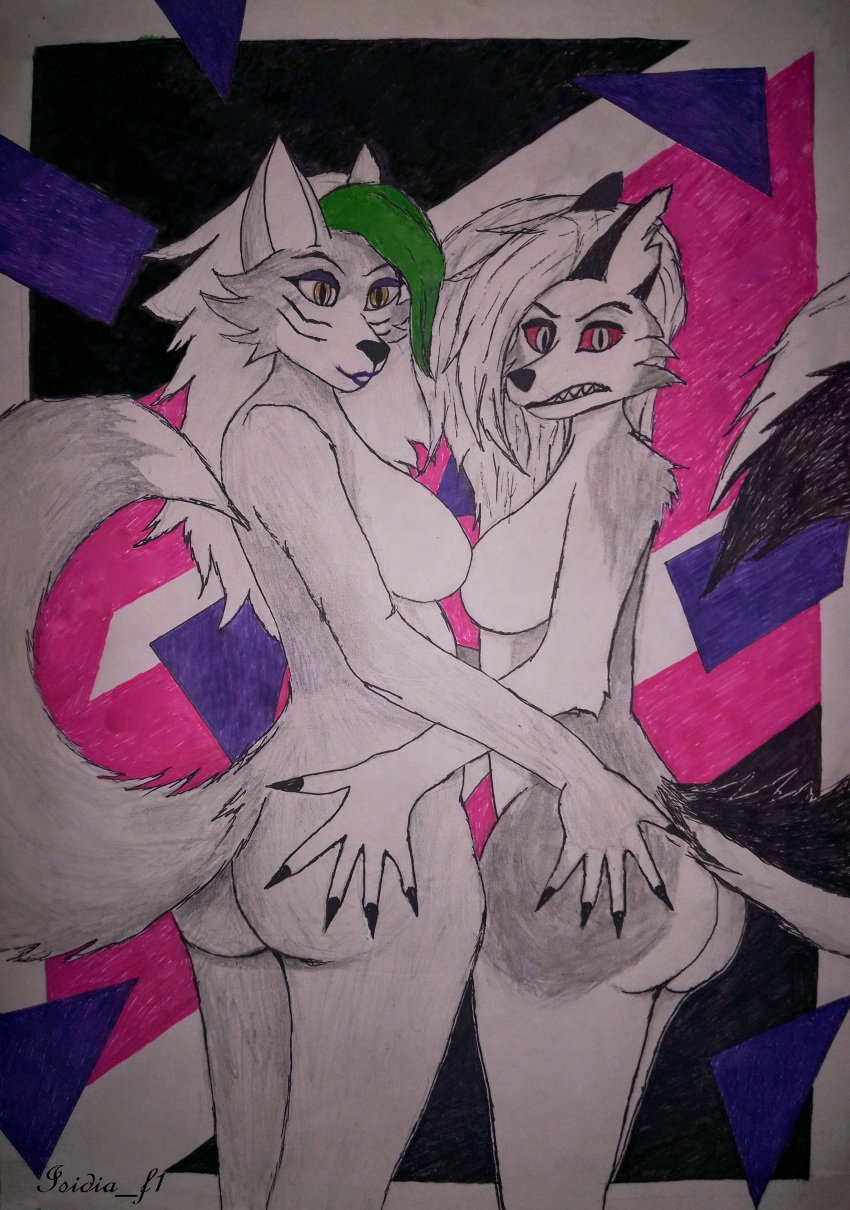 abstract_background absurd_res angry_eyes anthro black_nose breasts butt canid canid_demon canine canis demon duo female five_nights_at_freddy's five_nights_at_freddy's:_security_breach fur green_hair grey_body grey_fur hair hellhound helluva_boss hi_res isidia_f1 loona_(helluva_boss) mammal nude rear_view red_sclera roxanne_wolf_(fnaf) scottgames video_games white_body white_fur white_hair wolf yellow_eyes