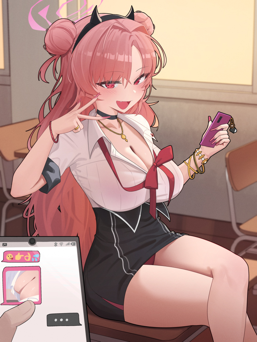 1girl areola_slip bare_legs black_choker blue_archive blush bracelet breasts cellphone chat_log choker classroom collarbone curly_hair double_bun fang gyaru hair_bun halo highres holding holding_phone horns jewelry kirara_(blue_archive) large_breasts long_hair looking_at_viewer necklace open_mouth paid_reward_available phone phone_screen pink_hair red_eyes shirt sitting skirt smartphone smile solo_focus text_messaging v very_long_hair white_shirt yzr_(yzr99)