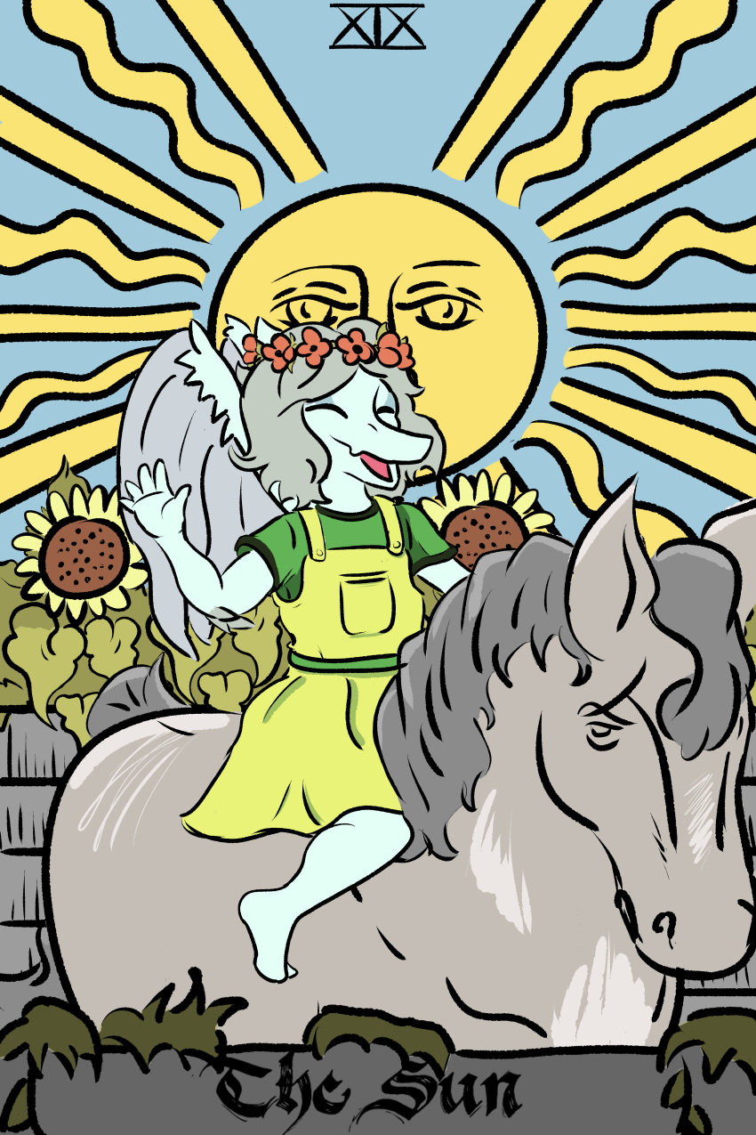 absurd_res amber_(snoot_game) anthro blue_body card child clothed clothing dinosaur english_text equid equine eyes_closed feathered_wings feathers female flower flower_crown hair hi_res horse mammal open_mouth overalls plant pterodactylus pterosaur reptile scalie silver_hair snoot_game_(fan_game) solo stillzero sun tarot_card text video_games wings young
