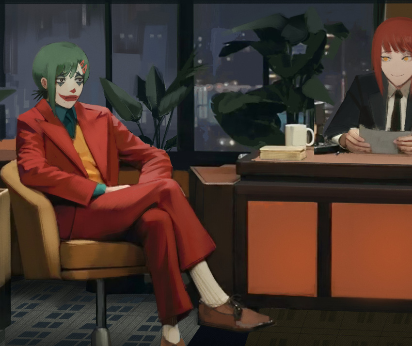 absurdres bangs black_jacket blazer brown_footwear chainsaw_man chair closed_mouth coffee_cup collared_shirt commentary cosplay crossed_legs cup desk disposable_cup dress_shirt facepaint foreshortening formal green_hair hair_ornament hairclip higashiyama_kobeni highres holding jacket joker_(2019) joker_(dc) joker_(dc)_(cosplay) light_smile loafers long_sleeves looking_at_another makima_(chainsaw_man) necktie pants parody plant red_hair red_jacket red_pants shirt shoes socks white_shirt window xyanaid yellow_eyes