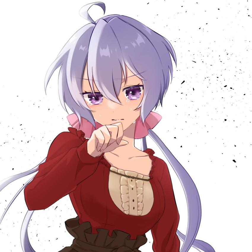 1girl ahoge aoau0210 closed_mouth collarbone grey_hair hair_between_eyes highres long_hair long_sleeves looking_at_viewer low_twintails purple_eyes red_shirt senki_zesshou_symphogear shiny shiny_hair shirt solo tears twintails upper_body very_long_hair white_background yukine_chris