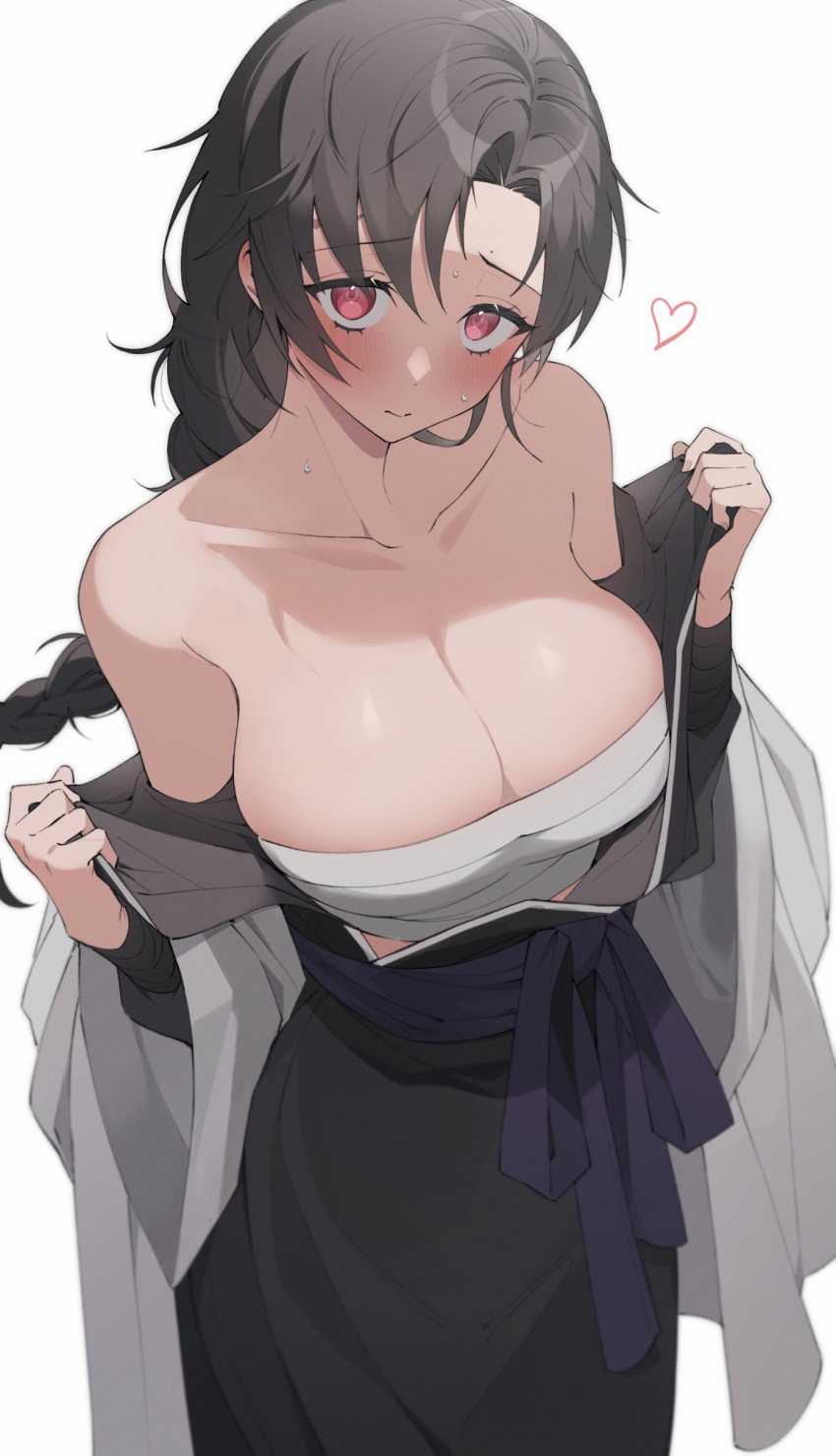 1girl absurdres bandages bandaid bandaid_on_breast bangs bare_shoulders black_hair blush braid braided_ponytail breasts cleavage closed_mouth collarbone commentary cowboy_shot hair_between_eyes heart highres japanese_clothes kimono large_breasts long_hair looking_at_viewer lvemhrd obi original red_eyes sash simple_background solo standing sweat undressing white_background wide_sleeves
