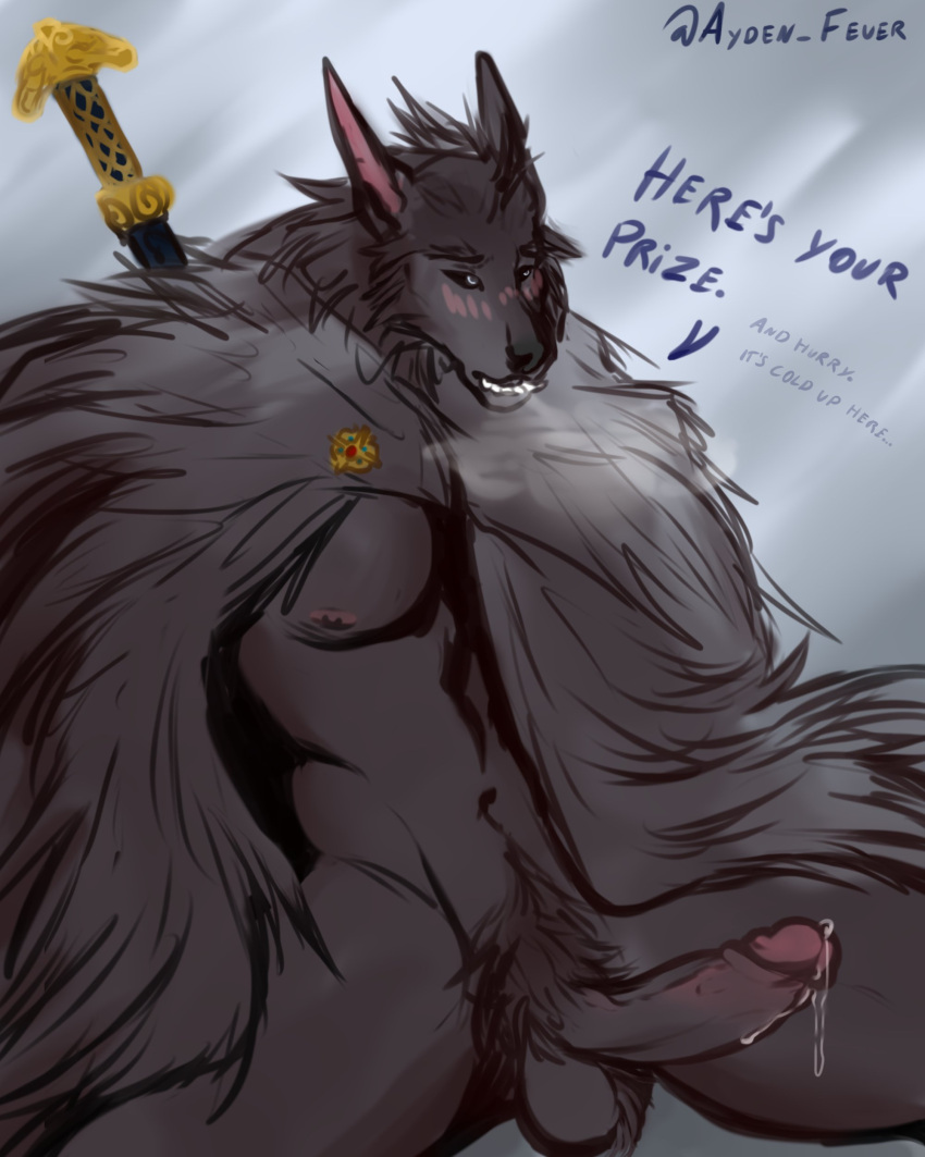 absurd_res anthro ayden_feuer ball_tuft black_sclera blaidd_(elden_ring) blush bodily_fluids brooch canid canine canis elden_ring erection fangs fromsoftware fur_cape genital_fluids hi_res leaking_precum male mammal nipples precum pubes solo sword_hilt tuft video_games wolf