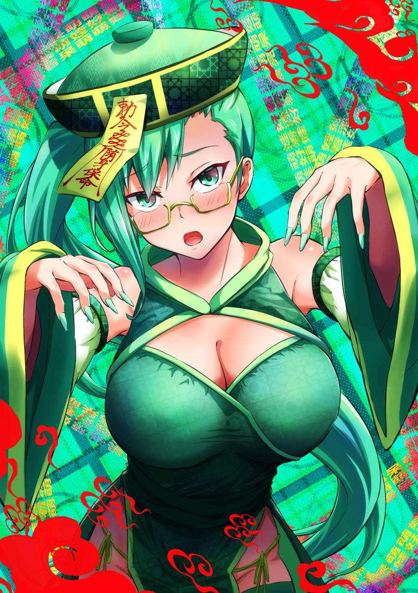 .live 1girl absurdres bangs bare_shoulders breasts china_dress chinese_clothes dress glasses green_dress green_eyes green_hair green_nails green_sleeves halloween_costume hashihiro_ko highres jiangshi kagura_suzu_(.live) large_breasts long_hair looking_at_viewer nail_polish ponytail solo virtual_youtuber