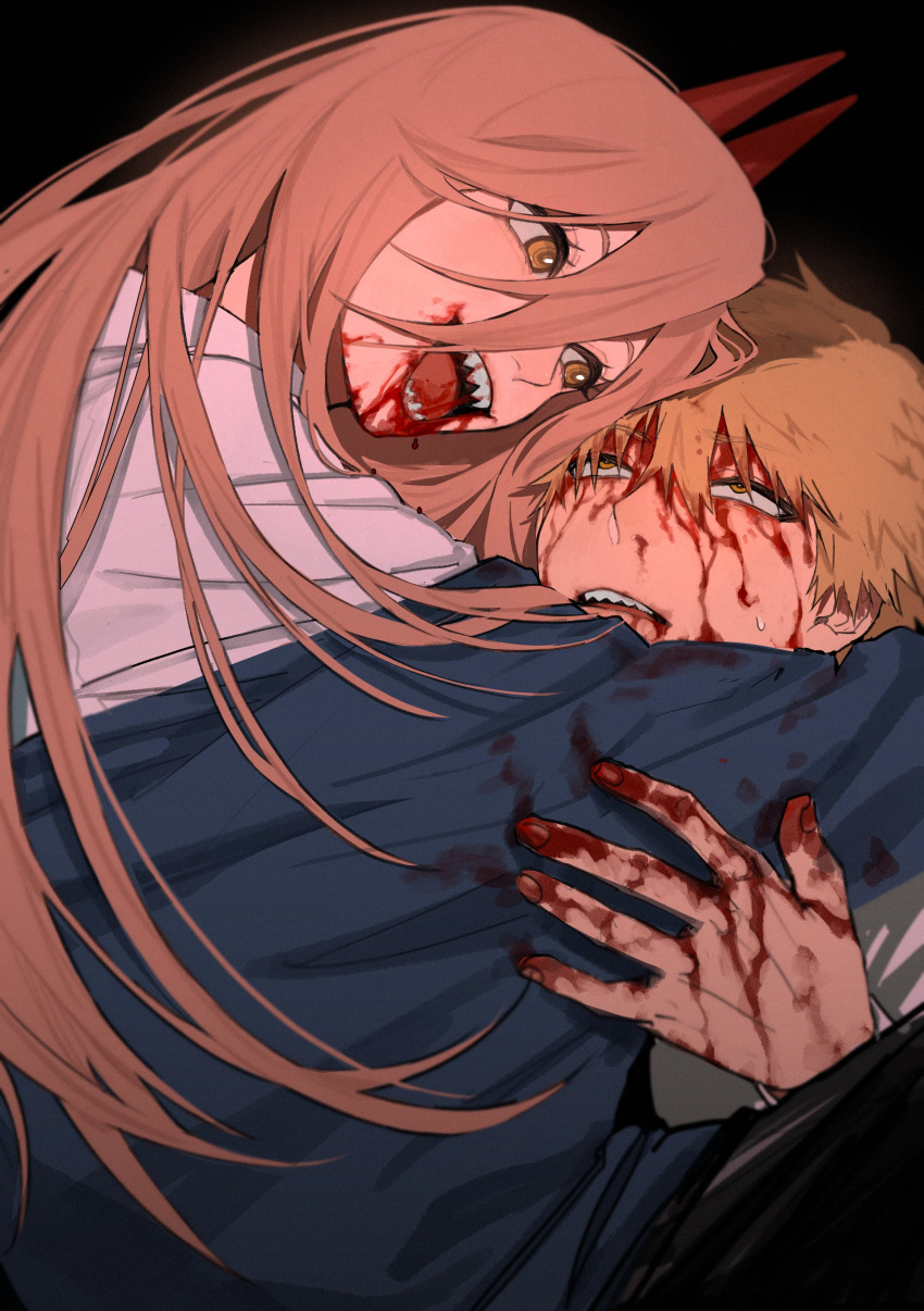 1boy 1girl absurdres black_background blonde_hair blood blood_from_mouth blood_on_clothes blood_on_face blood_on_hands blue_jacket chainsaw_man collared_shirt dark_background denji_(chainsaw_man) hair_between_eyes highres horns hug jacket jacket_partially_removed li_chestnuts looking_at_another nosebleed open_mouth power_(chainsaw_man) red_horns sharp_teeth shirt short_hair smile teeth white_shirt yellow_eyes