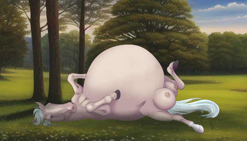 alexvalyutin areola belly big_belly big_udders black_hooves blue_eyes blue_mane blue_tail cloudscape crotch_breasts digital_drawing_(artwork) digital_media_(artwork) equid equine female feral grass hi_res hooves horse long_tail looking_at_viewer lying mammal mane nipples on_back outside pink_areola pink_nipples plant pregnant quadruped signature sky solo spread_legs spreading teats tree udders white_body