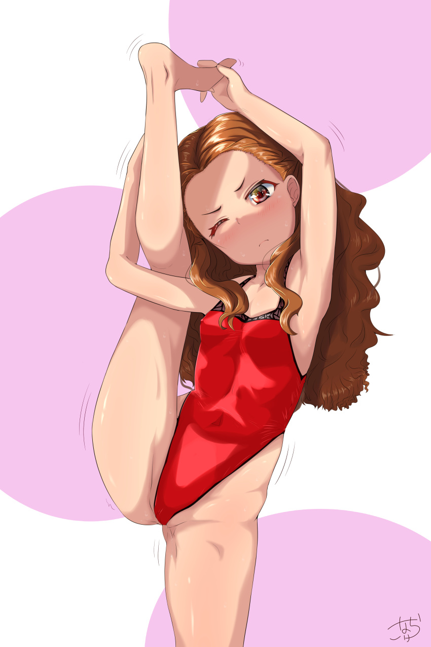 1girl absurdres breasts brown_hair commission cowboy_shot highleg highleg_leotard highres idolmaster idolmaster_cinderella_girls konachiri leotard long_hair looking_at_viewer red_eyes red_leotard seki_hiromi small_breasts solo split standing standing_on_one_leg standing_split trembling two-tone_background wavy_hair white_background