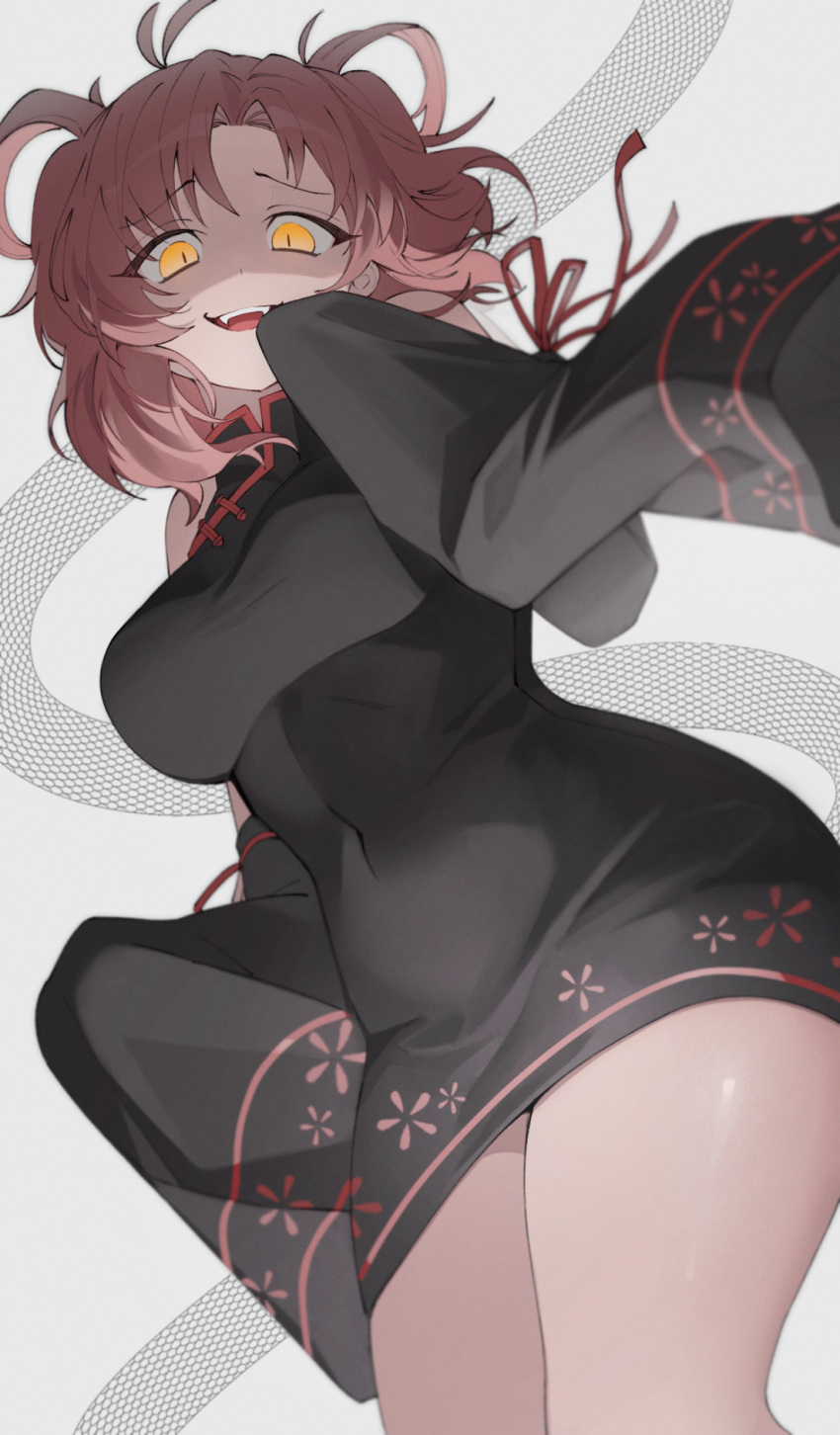 1girl bangs bare_shoulders black_dress breasts china_dress chinese_clothes commentary covered_navel cowboy_shot detached_sleeves dress from_below highres large_breasts long_sleeves looking_at_viewer lvemhrd naughty_face open_mouth original pink_hair red_hair short_hair simple_background sleeves_past_wrists smile solo teeth thighs upper_teeth white_background yellow_eyes