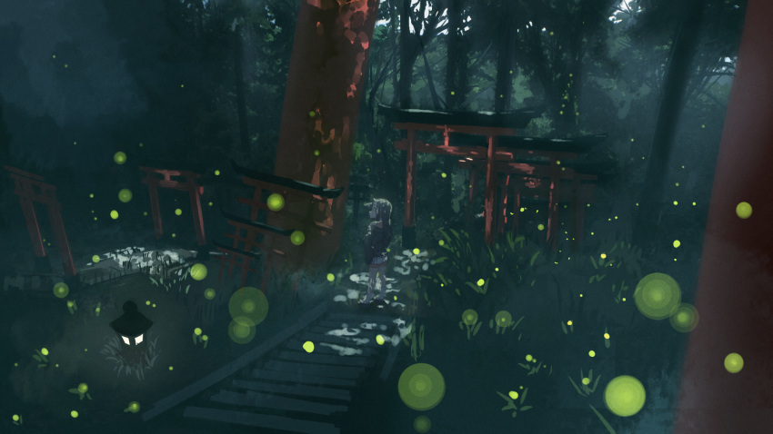1girl black_footwear black_hair black_kimono commentary_request day forest highres horns japanese_clothes kimono kuro_kosyou long_hair long_sleeves looking_away nature off_shoulder original outdoors pleated_skirt single_horn skirt solo stairs standing stone_lantern stone_stairs thighhighs torii tree white_skirt white_thighhighs wide_shot wide_sleeves zouri