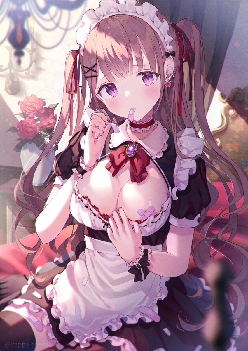 1girl apron bandaid bangs black_dress blurry blurry_foreground blush bow bowtie breasts brown_hair cleavage closed_mouth clothes_pull cross_hair_ornament dengeki_moeou dress dress_pull earrings flower hair_ornament hair_ribbon hairclip highres holding_bandaid indoors jewelry kappe_reeka large_breasts long_hair looking_at_viewer maid maid_apron maid_headdress official_art on_chair original purple_eyes red_bow red_flower red_ribbon red_rose ribbon rose single_earring sitting sunlight twintails vase