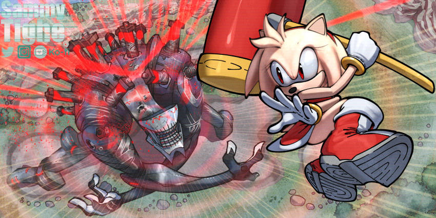 absurd_res accessory amy_rose anthro boots bracelet clothing dress duo eulipotyphlan female flying footwear giganto_(sonic_frontiers) gloves hair_accessory hairband hammer handwear hedgehog hi_res jewelry machine macro mammal red_eyes robot sega sonic_the_hedgehog_(series) tighesammy tools